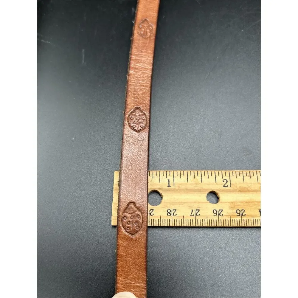 Leather Belt Womens 33 Brown Embossed Ladybug Silver tone Buckle Skinny 1/2”